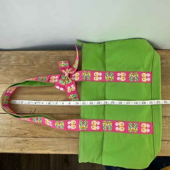 Super cute preppy green & pink flip flop print canvas tote bag with bow - Picture 7 of 10
